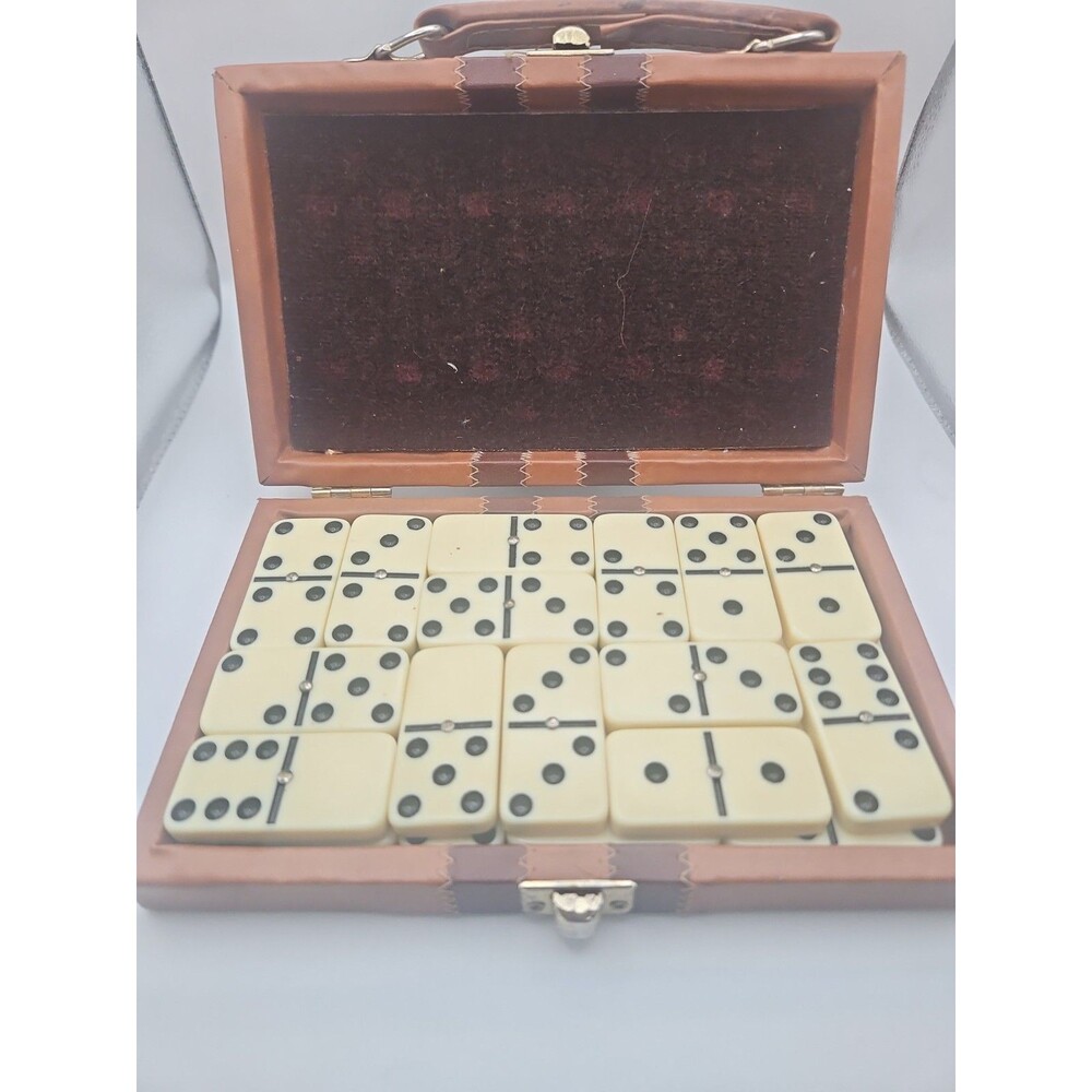 Vintage Dominoes Double Six Set 24 Piece Faux Leather Case